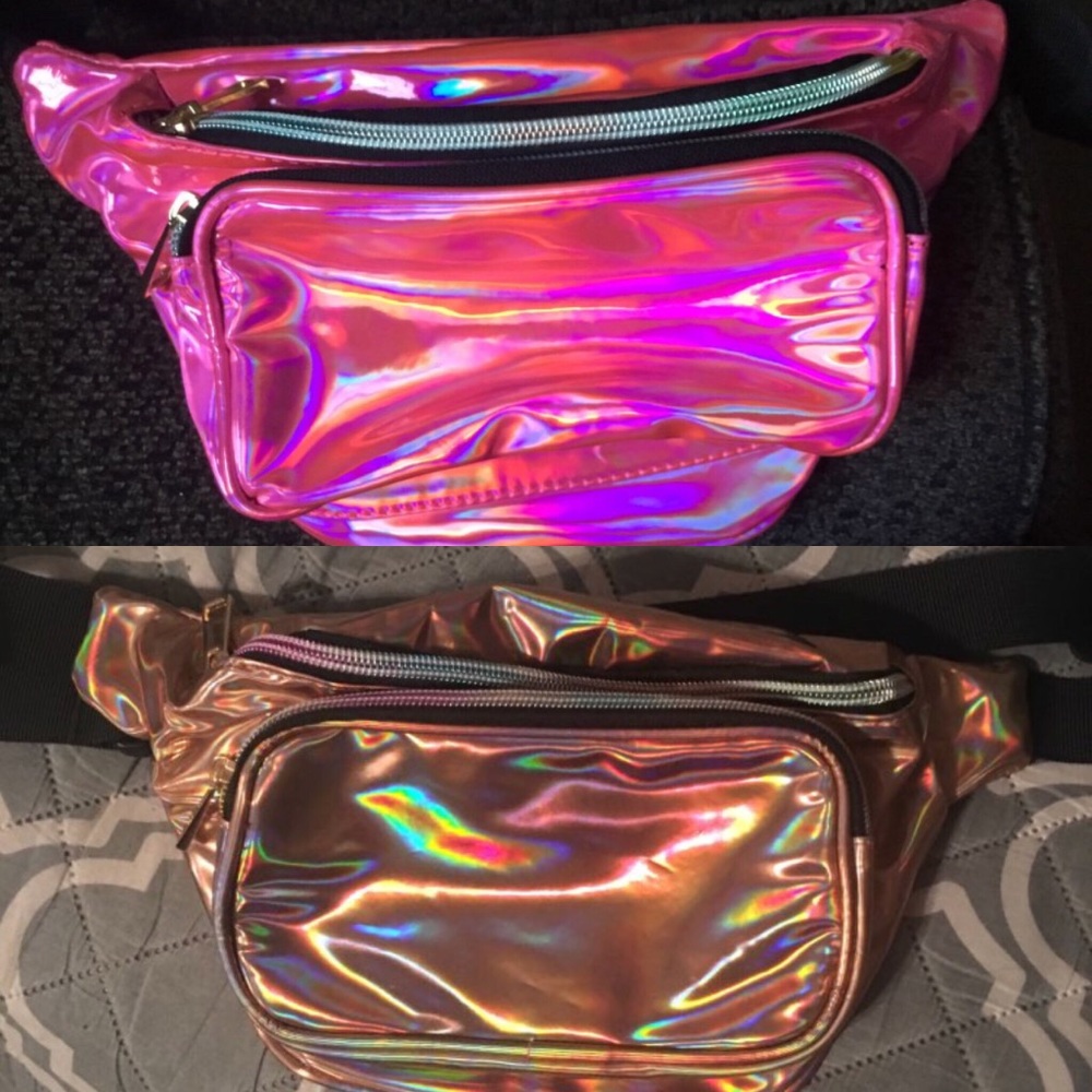 Pink and gold holographic fanny packs